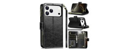 For iPhone 13 / iPhone 14 6.1" Jewel Wallet Design with Stitched PU Leather ID Card Money Holder Zipper Case - Black