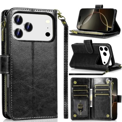 For iPhone 13 / iPhone 14 6.1" Jewel Wallet Design with Stitched PU Leather ID Card Money Holder Zipper Case - Black