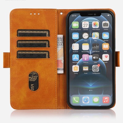 For iPhone 13 / iPhone 14 6.1" Jewel Wallet Design with Stitched PU Leather ID Card Money Holder Zipper Case - Brown