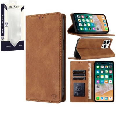 For iPhone 13 / iPhone 14 6.1" METKASE Wallet PU Vegan Leather ID Card Money Holder with Magnetic Closure in Slide-Out Package - Brown