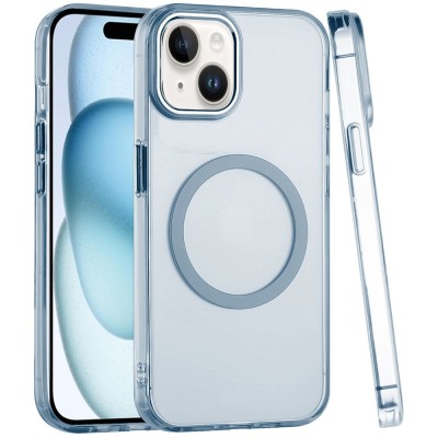 For iPhone 13 / iPhone 14 6.1" Magnetic Ring Radiator Design Hybrid with Metal Buttons Case Coverr - Light Blue