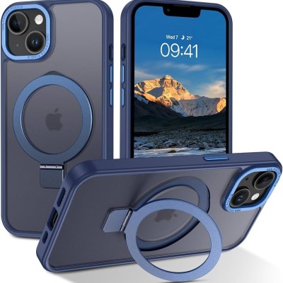 For iPhone 13 / iPhone 14 6.1" Magnetic Ring Radiator Design Hybrid with Metal Buttons Case Coverr - Navy Blue
