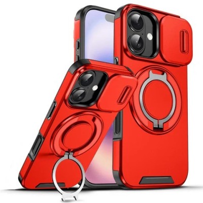 For iPhone 13 / iPhone 14 6.1" Magnetic Ring Stand Classic Design FULL Camera Protection Hybrid Case - Red
