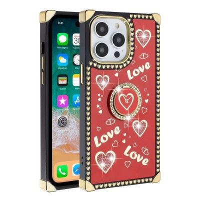 For iPhone 13 / iPhone 14 6.1" Magnetic Ring Stand Square Passion Hearts Glitter Case Cover - Purple