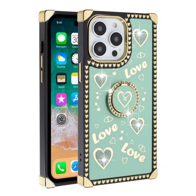 For iPhone 13 / iPhone 14 6.1" Magnetic Ring Stand Square Passion Hearts Glitter Case Cover - Silver