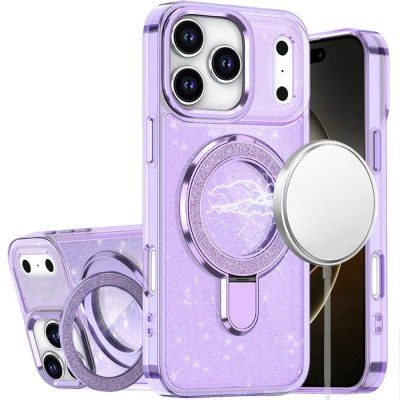 For iPhone 14/13 Glitz HQ Shimmer Glitter [Magnetic Ring Circle] with 360 degree Rotational Ring Kickstand Tough Hybrid Case - Purple