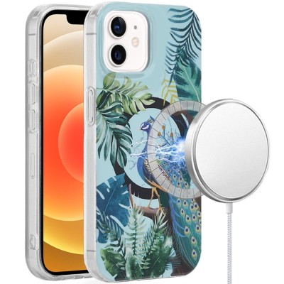 For iPhone 14/13 [Magnetic Circle] Double Layer Design IMD TPU Case - Peacock