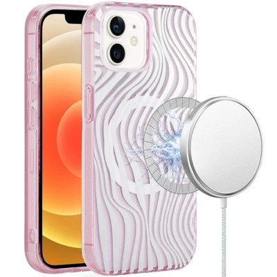 For iPhone 14/13 [Magnetic Circle] Double Layer Design IMD TPU Case - Wave Pink Zebra Stripes
