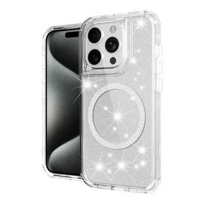 For iPhone 14/13 Magnetic Ring Circle Bling Chrome 3in1 Hybrid Case - Clear