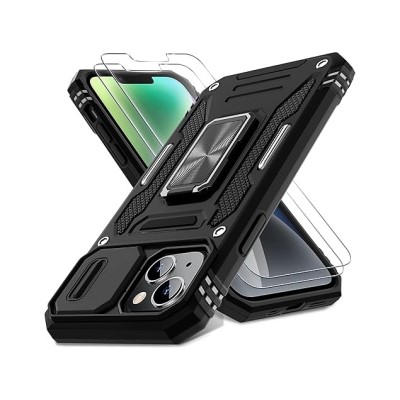 For iPhone 14/13 Push Mount Friendly Camera Protective [Ring Stand] Hybrid Case - Black