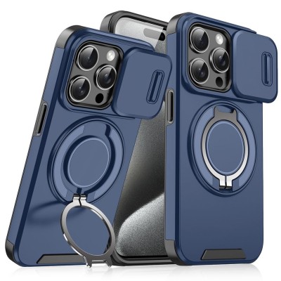 For iPhone 14/13 Push Mount Friendly Camera Protective [Ring Stand] Hybrid Case - Dark Blue