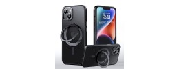 For iPhone 14/13 Trendy Full Coverage with Camera Window [Magnetic Circle] with Rotational Ring Stand Hybrid Case - Black