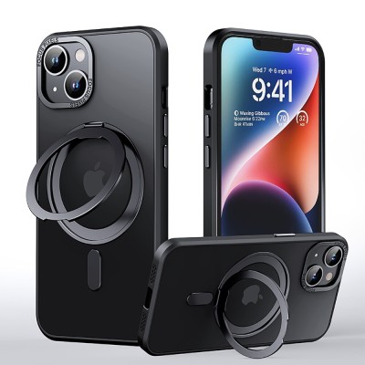 For iPhone 14/13 Trendy Full Coverage with Camera Window [Magnetic Circle] with Rotational Ring Stand Hybrid Case - Black