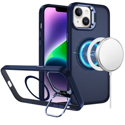 For iPhone 14/13 Trendy Full Coverage with Camera Window [Magnetic Circle] with Rotational Ring Stand Hybrid Case - Navy Blue