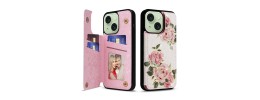 For iPhone 14 6.1" Design Wallet ID Credit Card Money Holder with Magnetic Metal Closure including Lanyard - Romantic Pink White Roses Floral