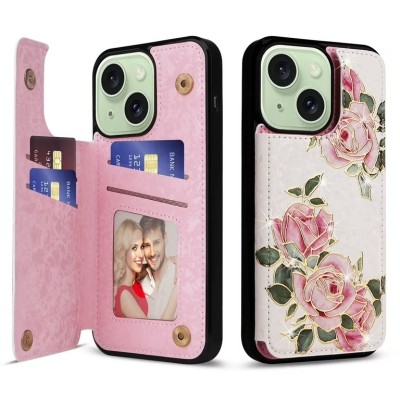 For iPhone 14 6.1" Design Wallet ID Credit Card Money Holder with Magnetic Metal Closure including Lanyard - Romantic Pink White Roses Floral