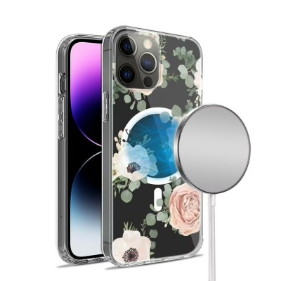 For iPhone 14 6.1" Beautiful Floral [Magnetic Circle] ShockProof Transparent Hybrid Design - A