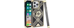 For iPhone 14 6.1" Card Holder Passion Square Chromed Heart Ornaments PU Leather Case Cover - Black