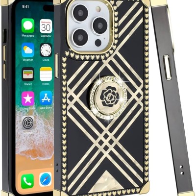For iPhone 14 6.1" Card Holder Passion Square Chromed Heart Ornaments PU Leather Case Cover - Black