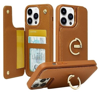 For iPhone 14 6.1" Card Holder Passion Square Chromed Heart Ornaments PU Leather Case Cover - Brown