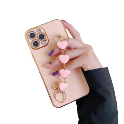 For iPhone 14 6.1" Card Holder Passion Square Chromed Heart Ornaments PU Leather Case Cover - Rose Gold