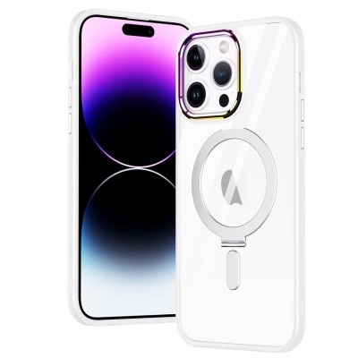 For iPhone 14 6.1" Dazzle [Magnetic Circle] Kickstand Alloy Chrome Transparent Hybrid - Clear