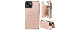 For iPhone 14 6.1" Design Wallet ID Credit Card Money Holder with Magnetic Metal Closure including Lanyard - Antique Flower