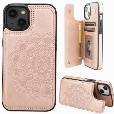 For iPhone 14 6.1" Design Wallet ID Credit Card Money Holder with Magnetic Metal Closure including Lanyard - Antique Flower