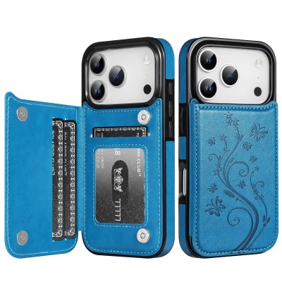 For iPhone 14 6.1" Design Wallet ID Credit Card Money Holder with Magnetic Metal Closure including Lanyard - Colorful Butterflies