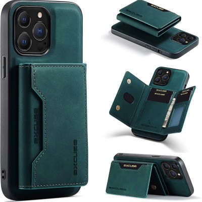 For iPhone 14 6.1" Design Wallet ID Credit Card Money Holder with Magnetic Metal Closure including Lanyard - Green Floral