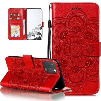 For iPhone 14 6.1" Design Wallet ID Credit Card Money Holder with Magnetic Metal Closure including Lanyard - Mandala