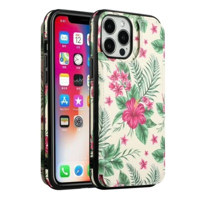 For iPhone 14 6.1" Design Wallet ID Credit Card Money Holder with Magnetic Metal Closure including Lanyard - Rose Pink Floral