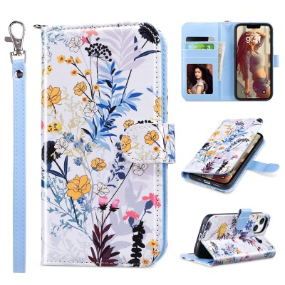 For iPhone 14 6.1" Design Wallet ID Credit Card Money Holder with Magnetic Metal Closure including Lanyard - Tropical Romantic Colorful Roses Floral
