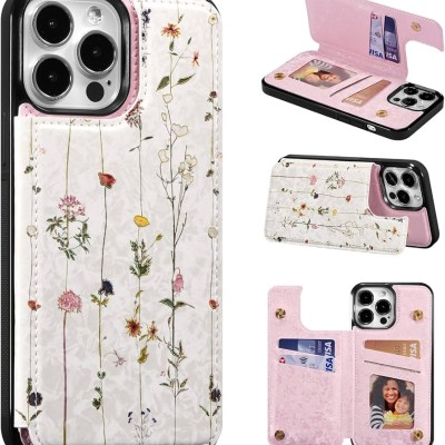 For iPhone 14 6.1" Design Wallet ID Credit Card Money Holder with Magnetic Metal Closure including Lanyard - White Daisy Blossom Floral