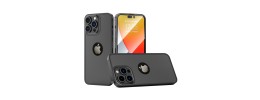 For iPhone 14 6.1" Disc Chrome Circle With Chromed Tempered Glass Screen Protector PU UV Leather Case - Black