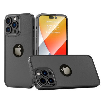 For iPhone 14 6.1" Disc Chrome Circle With Chromed Tempered Glass Screen Protector PU UV Leather Case - Black