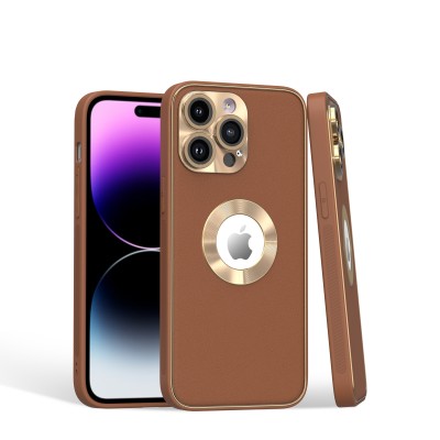 For iPhone 14 6.1" Disc Chrome Circle With Chromed Tempered Glass Screen Protector PU UV Leather Case - Brown