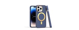 For iPhone 14 6.1" Disc Chrome Circle With Chromed Tempered Glass Screen Protector PU UV Leather Case - Dark Blue
