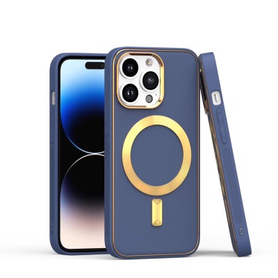 For iPhone 14 6.1" Disc Chrome Circle With Chromed Tempered Glass Screen Protector PU UV Leather Case - Dark Blue