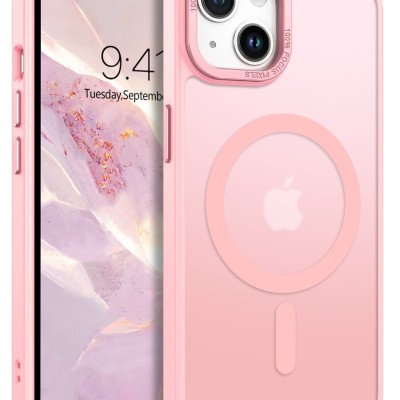 For iPhone 14 6.1" Disc Chrome Circle With Chromed Tempered Glass Screen Protector PU UV Leather Case - Light Pink