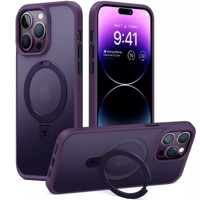 For iPhone 14 6.1" Disc Chrome Circle With Chromed Tempered Glass Screen Protector PU UV Leather Case - Purple