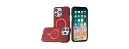 For iPhone 14 6.1" Disc Chrome Circle With Chromed Tempered Glass Screen Protector PU UV Leather Case - Red