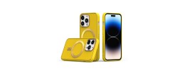 For iPhone 14 6.1" Disc Chrome Circle With Chromed Tempered Glass Screen Protector PU UV Leather Case - Yellow