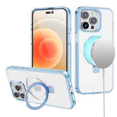 For iPhone 14 6.1" Dotted Edged Line Transparent HQ Magnetic Ring Stand Hybrid - Light Blue