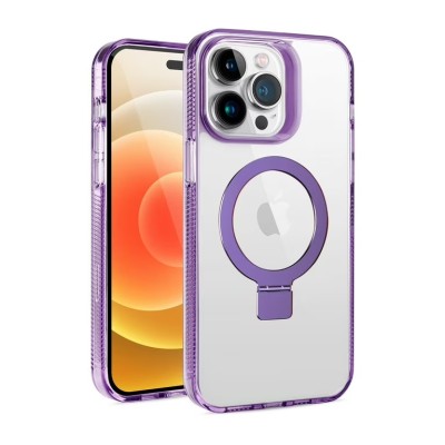 For iPhone 14 6.1" Dotted Edged Line Transparent HQ Magnetic Ring Stand Hybrid - Light Purple