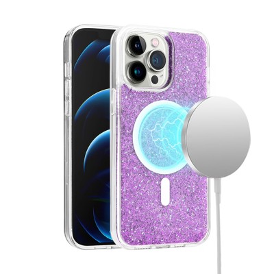 For iPhone 14 6.1" Epoxy Glitter [Magnetic Circle] ShockProof Hybrid 2.5mm Thick - Light Purple
