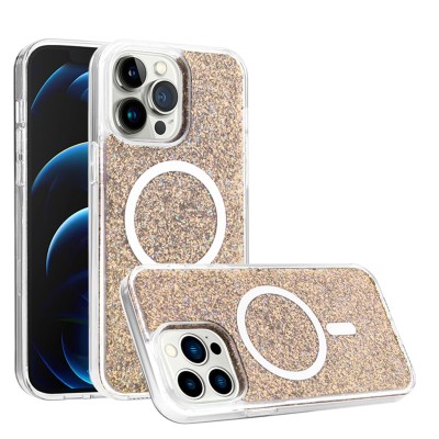 For iPhone 14 6.1" Epoxy Glitter [Magnetic Circle] ShockProof Hybrid 2.5mm Thick - Rose Gold