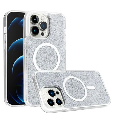 For iPhone 14 6.1" Epoxy Glitter [Magnetic Circle] ShockProof Hybrid 2.5mm Thick - Silver