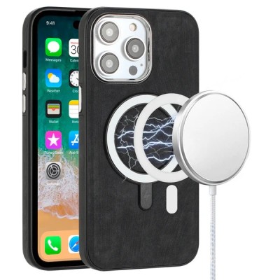 For iPhone 14 6.1" Fashion Chrome Edged Camera [Magnetic Circle] PU Leather Hybrid - Black