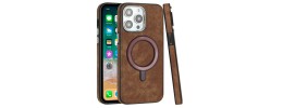 For iPhone 14 6.1" Fashion Chrome Edged Camera [Magnetic Circle] PU Leather Hybrid - Brown